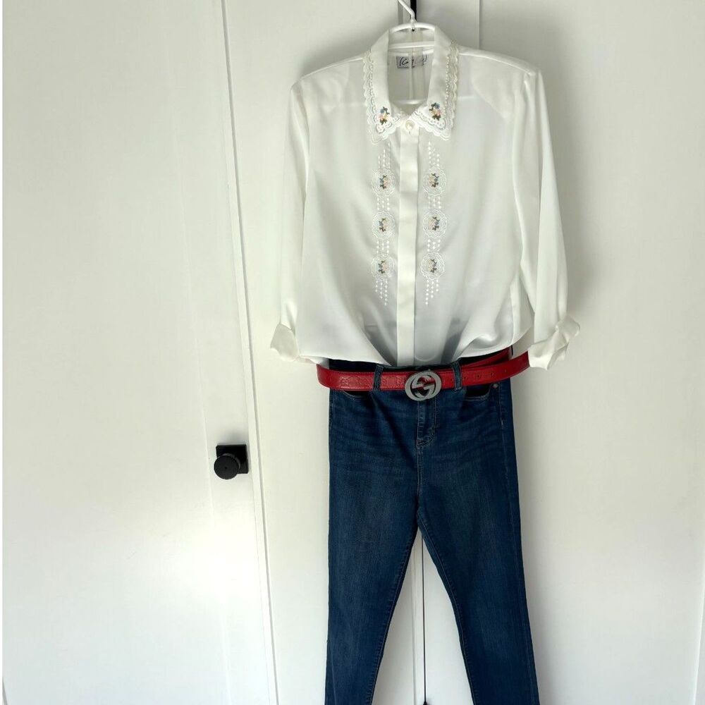 VTG 80s Kathy Che White Embroidered Pearl Scalloped Statement Collar Blouse M L - Picture 3 of 8